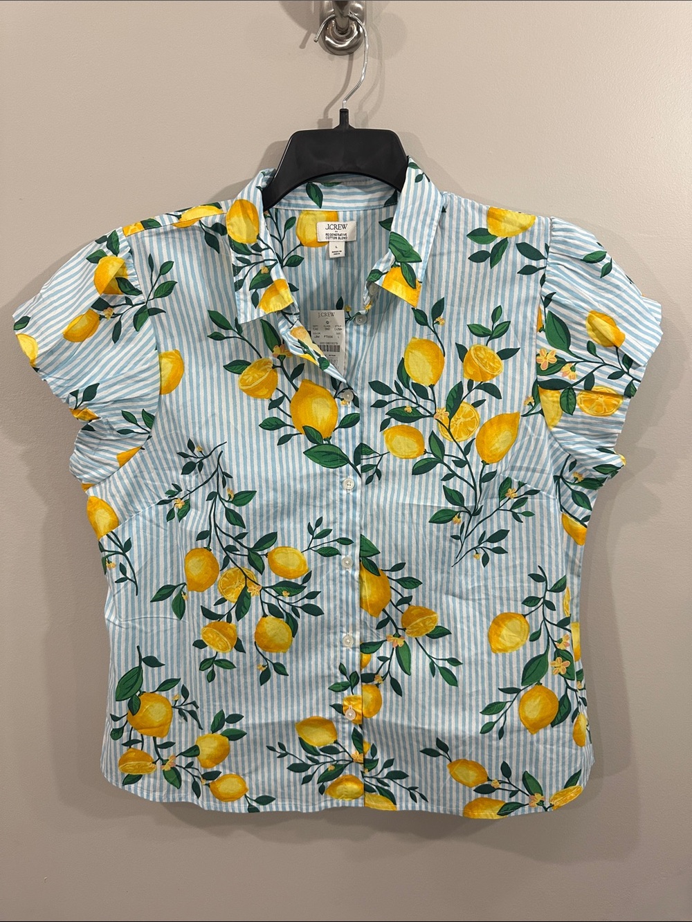 NWT J. Crew Short Sleeve Button-Down Shirt, Lemon Print with Light Blue Stripes